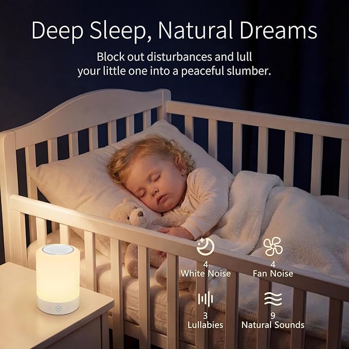 Night Lights, White Noise Machine – 20 Non-Looping Sleep Sounds, Rechargeable Battery, Touch Control, 6 Timers & Memory Function | Portable Sound Machine for Baby, Adults, Nursery, Travel