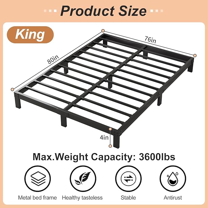 Bed Frame Heavy Duty Metal Platform No Box Spring Needed with Steel Slat Support,Easy Assembly,Noise-Free(4 Inch,King)