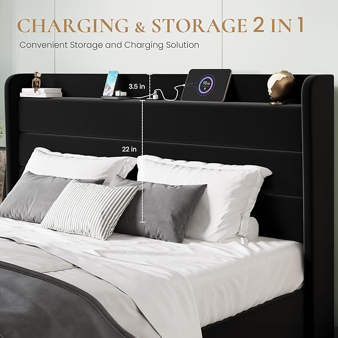 SHA CERLIN King Size Bed Frame with Charging Station, Velvet Upholstered Platform Bed, Wingback Storage Headboard, Type-C & USB Ports, Strong Wooden Slats, No Box Spring Needed, Easy Assembly, Black
