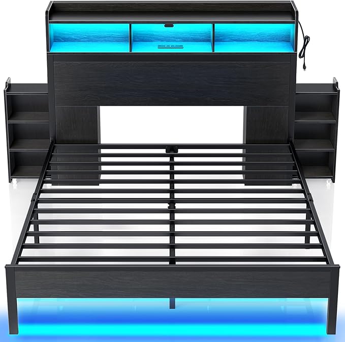 Rolanstar Full Size Bed Frame with Bookcase Storage Headboard, Slide Out Bedside Storage, Bed with Charging Station & LED Lights, Heavy Duty Metal Slats, No Box Spring Needed, Noise Free, Black