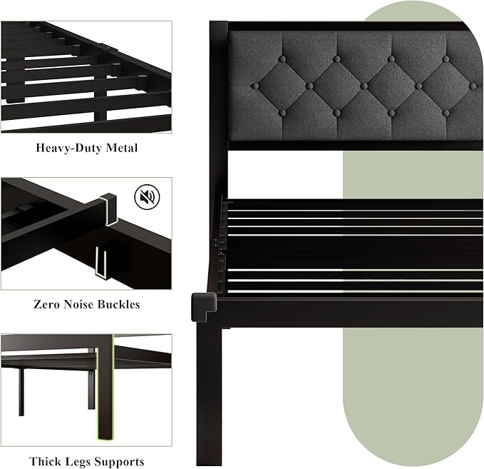 Feonase Twin Size Metal Bed Frame with Linen Upholstered Headboard, Heavy-Duty Platform Bed Frame with 12" Storage, Steel Slats Support, No Box Spring Needed, Gray