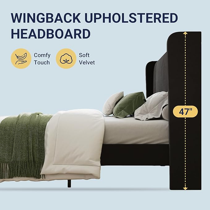 Allewie Full Size Velvet Platform Bed Frame with Vertical Tufted Wingback Headboard, Easy Assembly, Under Bed Storage, No Box Spring Required, Modern Style, Black