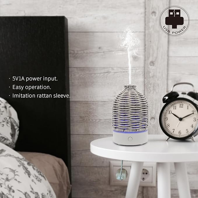 VICTORIA AROMA Essential Oil Diffuser - Multifunction Aromatherapy Diffuser 7 LED Color Changing Light 100ML Rattan Diffuser Easy to Clean Suitable for Home,Office (Grey)