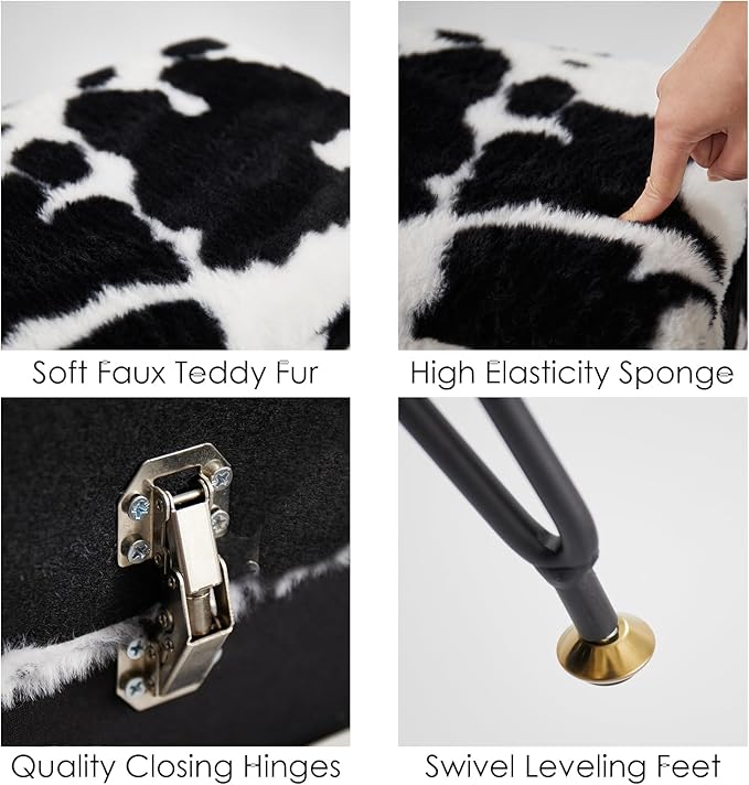 Vanity Stool Chair, Faux Fur Ottoman Foot Stool with Metal Legs & Adjustable Black Feet, Flip Top Storage Makeup Stool with Soft Padded Seat, Foot Rest for Makeup Room Bedroom, Cow