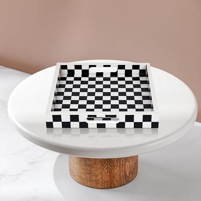Handicrafts Home 12x12 Decorative Serving Tray, Black and White Checkered Resin Inlay Tray, Square Coffee Table Ottoman Tray for Living Room, Kitchen, Guest Tray Entertaining and Display Centerpiece