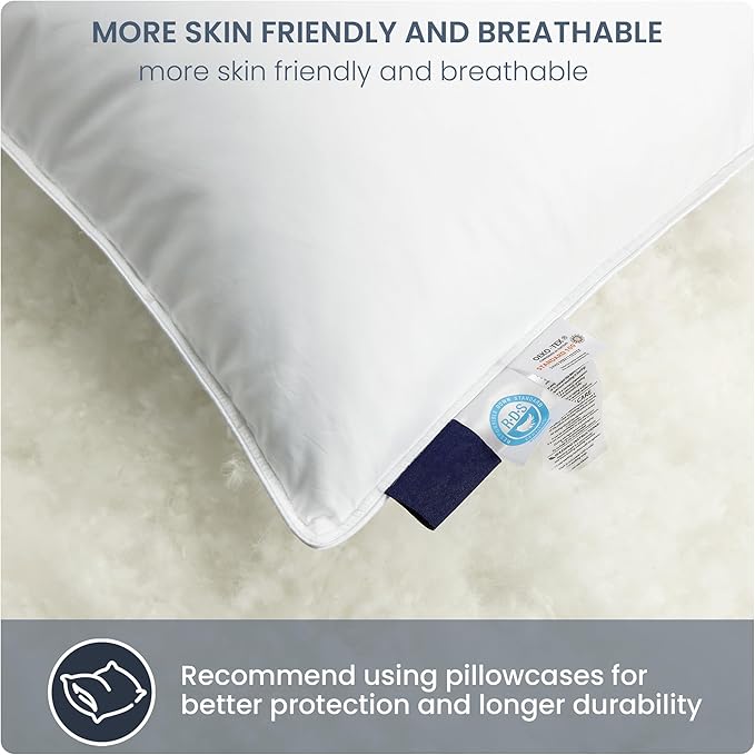 White Goose Down Pillow, Feather and Down Hotel Pillows with 100% Cotton Shell for Side and Back Sleepers, Soft Down Pillows for Neck Support, All Season Bed Pillow