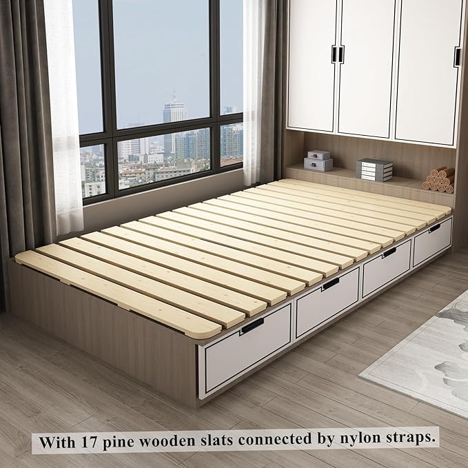 Breathable Moisture-Proof Bed Plate, Guest Tatami Mat,Wood Roll-Type Slatted Bed Japanese Floor Futon Mattress, Floor Sleep Bedding (Full)