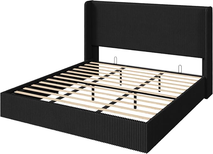 SHA CERLIN King Size Lift Up Storage Bed Frame, Modern Upholstered Wingback Headboard, Hydraulic Support & Underneath Storage, Soft Corduroy Fabric Platform Bed, No Box Spring Needed, Black