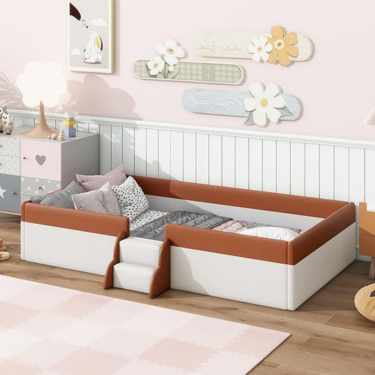 Merax Twin Size Kids Floor Bed, Upholstered Kids Daybed Frame with Fence and Stairs, Wood Bed for Living Room, White+Brown
