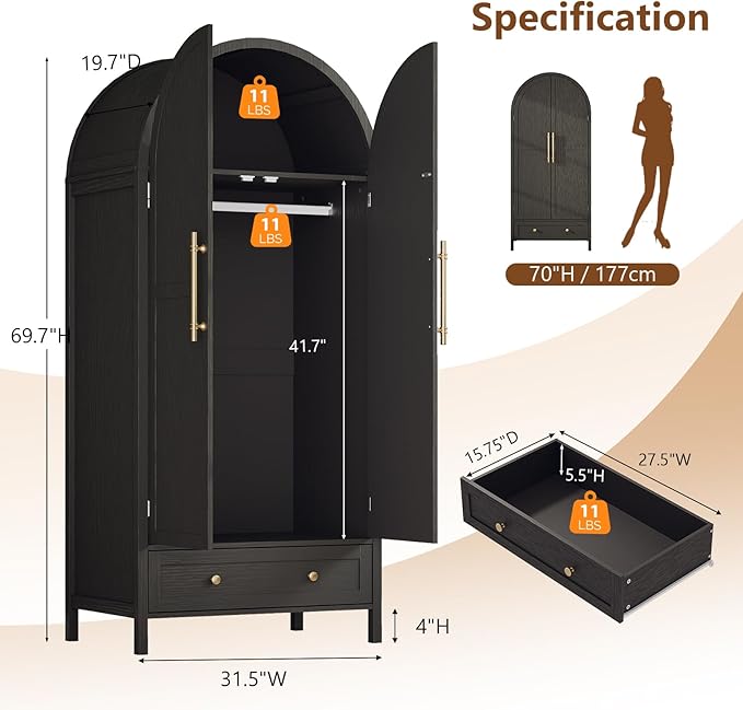 VINGLI Arched Wardrobe Closet Armoire with Doors and Drawer, 70" Tall Wooden Wardrobe Cabinet,Clothing Storage Cabinet, Large Capacity Storage, Black