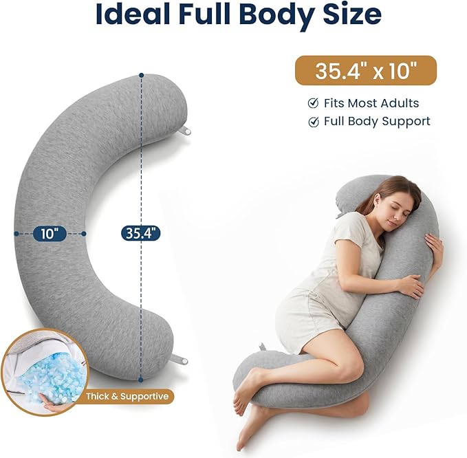 TranquilRelax C Shaped Body Pillow for Side Sleepers, Memory Foam Long Pillow for Leg, Hip & Back Support, Soft Washable Cover,Grey-35"*10"