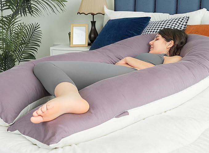 QUEEN ROSE Extra Long U Shaped Body Pillow, 65in Pregnancy Pillows for Sleeping, Full Body Support for Adults and Maternity Women, Cooling Sateen Cover, Purple and White