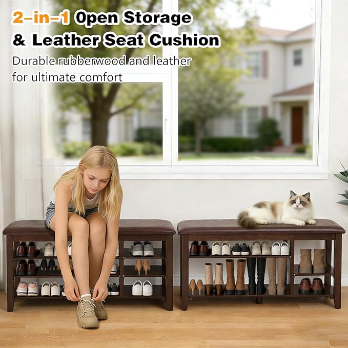 PY HOME & SPORTS Shoe Rack for Entryway 47": 3-Tier Shoe Storage Bench, Adjustable/Removable Shelves, Rubberwood Shoe Benches for Hallway, Porch, Bathroom, Brown