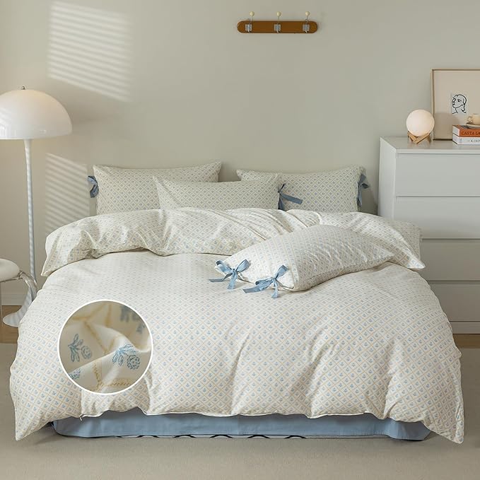 mixinni Blue Floral Duvet Cover Set Twin XL - 3 Piece Cottagecore Bedding Set with Bow Ties & Zipper Closure, 100% Cotton Soft Aesthetic Comforter Cover for Girls, Lightweight Breathable Country Style