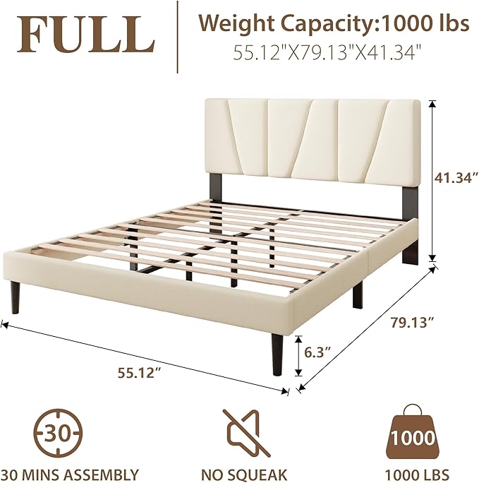 Full Size Bed Frame, Linen Upholstered Platform Bed with Headboard, Strong Wooden Slats Support, Noise-Free Mattress Foundation, No Box Spring Needed, Easy Assembly, Beige