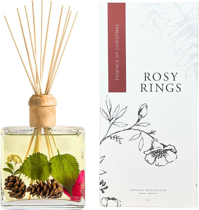 Rosy Rings Essence of Christmas Botanical Reed Diffuser 13oz – Lasts 6-12 Months Floral Aromatherapy Winter Home Fragrance Gift Notes of Eucalyptus, Balsam Fir, Cedarleaf, Pine Cone, Vetiver with Pine