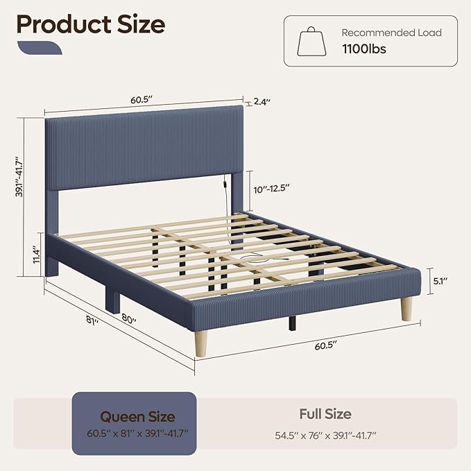 Bestier Queen Bed Frame with Headboard,Platform Queen Size Bed Frame with LED Lighting,Bed Frame Wooden Slats Support,No Box Spring Needed,Never Squeaks, Easy Assembly,Blue