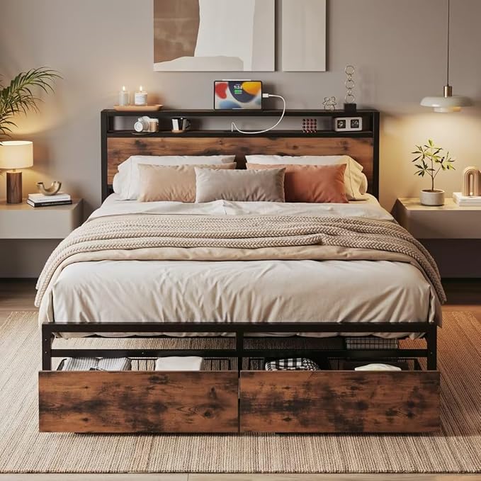 LIKIMIO Queen Bed Frame with Storage Headboard, Queen Size Bed Frame with Charging Station & 2 Drawers, No Box Spring Needed, Easy Assembly