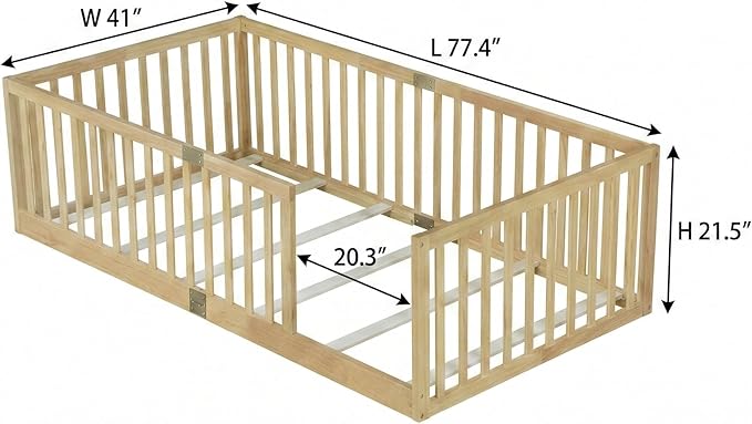 Bellemave Twin Size Montessori Floor Bed with 21.5" High Rails, Rubber Wood Twin Floor Bed with Slats, Natural