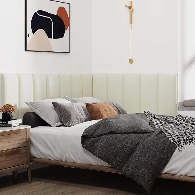 IFNOW Wall Mounted Upholstered Headboard Queen, 3D Peel and Stick Soundproof Wall Panels, Reusable and Removable Padded Headboard Leather Bed, 9 Panels 9.84" x 23.62", Beige