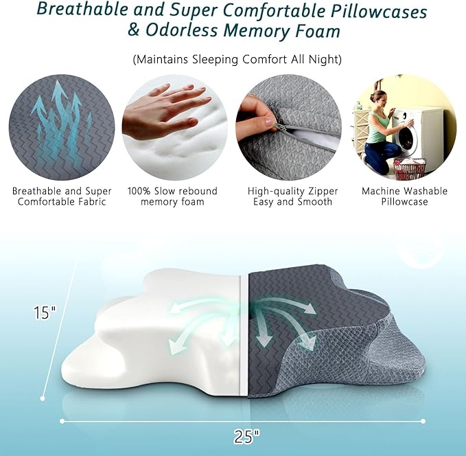 CHxxy Cervical Pillow for Neck Pain Relief, Memory Foam Pillows, Ergonomic Contour Bed Pillow, Soft for Side Sleep Stomach Sleeping and Back Sleepers-Queen Size Grey&Grey