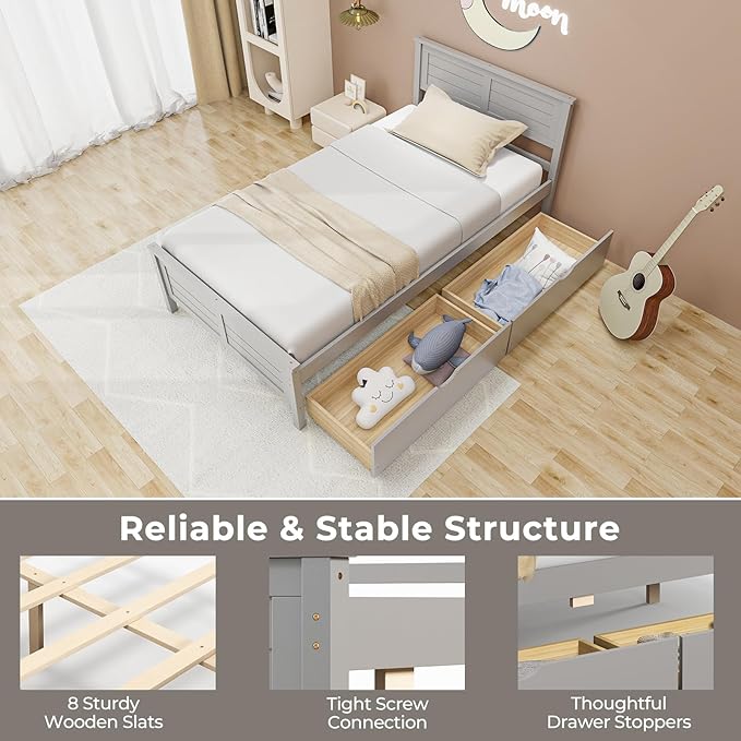 Giantex Wood Twin Bed with 2 Storage Drawers, Solid Wood Platform Bed with Headboard, Wooden Slats Support Mattress Foundation, No Spring Needed, Twin Bed Frame for Kids, Teens, Adults, Grey