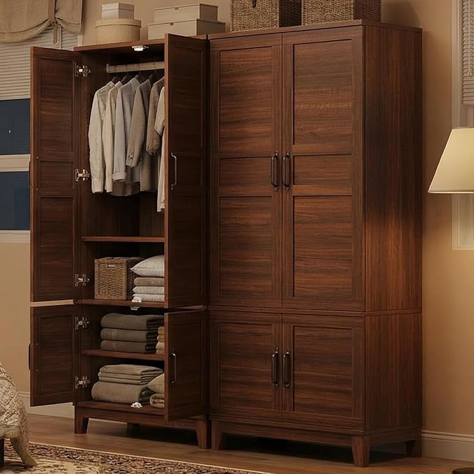 IDEALHOUSE Armoire Wardrobe Closet with 4 Doors, 72" Tall Wooden Clothing Wardrobe with Hanging Rod & DIY Adjustable Shelf, Heavy Duty Bedroom Armoire Storage Cabinet, Walnut