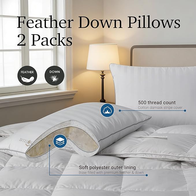 Hotel Grand Bed Pillows Queen Size Set of 2 Packs - 500 Thread Count 100% Cotton Medium Firm Hypoallergenic Feather Down Pillows Machine Washable Pillow for Back, Stomach or Side Sleepers, 20"x28"