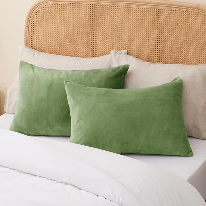 BEDELITE Flannel King Size Pillow Cases Set of 2, Super Soft Fleece Pillowcases with Zipper for Bedroom, Sofa, Couch,Luxury Cozy Fuzzy Velvet Pillow Shams for All Seasons(20x36 Inches,Sage Green)