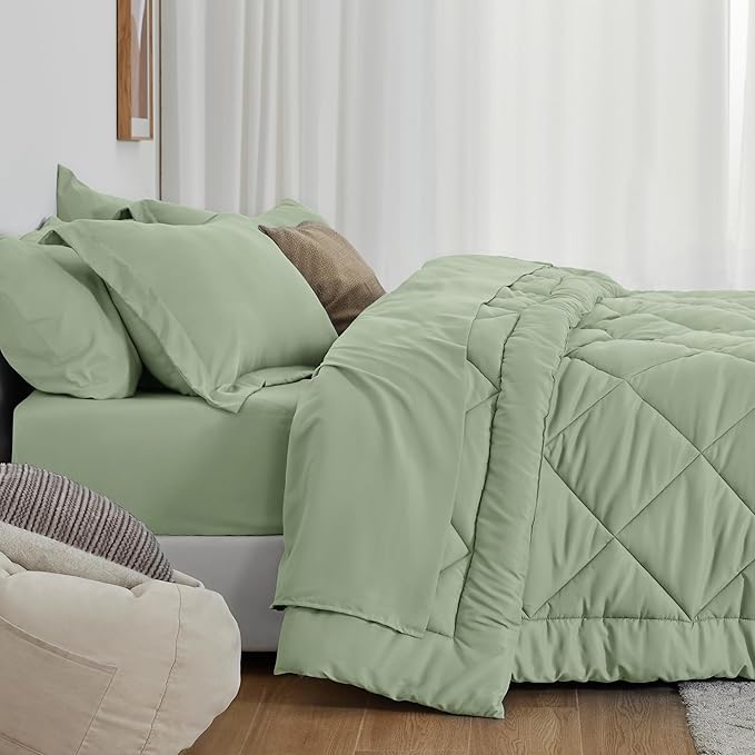Love's cabin Full Comforter Set Sage, 7 Pieces Full Bed in a Bag, All Season Bedding Sets with 1 Comforter, 1 Flat Sheet, 1 Fitted Sheet, 2 Pillowcase and 2 Pillow Sham | Soft, Breathable, Lightweight, Comfortable