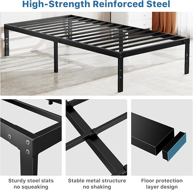 OLIXIS Metal Twin Bed Frame - 14in High with Storage Space, No Box Spring Needed with Sturdy Steel Slat Support, 800LBS Heavy Duty for Easy Assembly, Black for Bedroom
