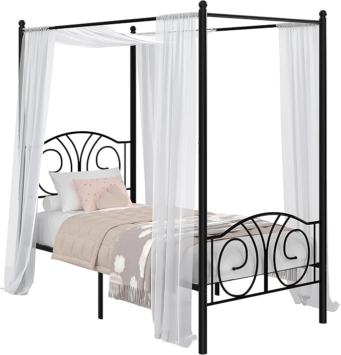 VECELO Metal Canopy Bed Frame Twin Size, 4 Posters Platform Mattress Foundation with Headboard, Heavy Duty Steel Slats Support, No Box Spring Needed, Matte Black