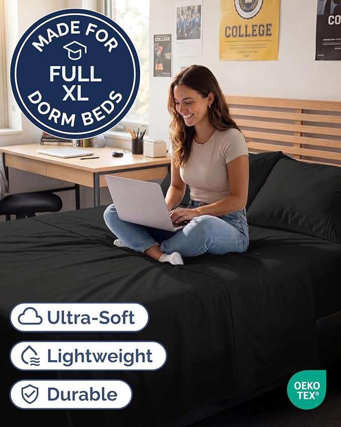 Full XL Bed Sheet - 4 Piece Full XL Bed Sheets Set - Ultra-Soft, Comfy, Breathable & Cooling - Hotel Luxury Bedding for Women & Men with Deep Pockets - Wrinkle Free & Fade Resistant - Oeko-Tex - Black