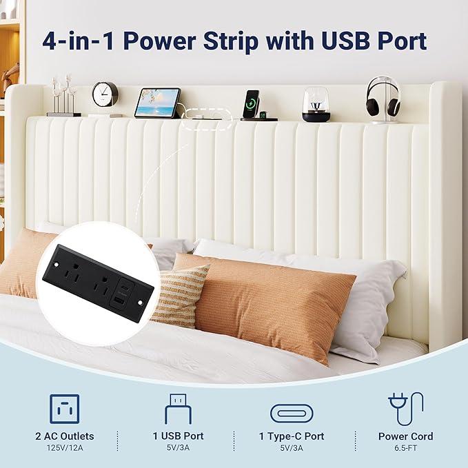 Allewie King Size Lift Up Storage Bed Frame,Storage Shelf Headboard with Charging Station,Type-C and USB Ports,Hydraulic Support,Velvet Upholstered Bed Frame,No Box Spring Needed,Cream