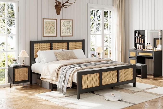 GarveeHome Full Size Bed Frame with Headboard, Boho Rattan Bed Frame with Strong Metal Slat, Noise Free, No Box Spring Needed, Black and Natural
