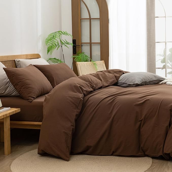 BESTOUCH Duvet Cover Set 100% Washed Cotton Linen Feel Super Soft Comfortable Chic Lightweight 3 PCs Home Bedding Set Solid Cocoa Brown Alaska King