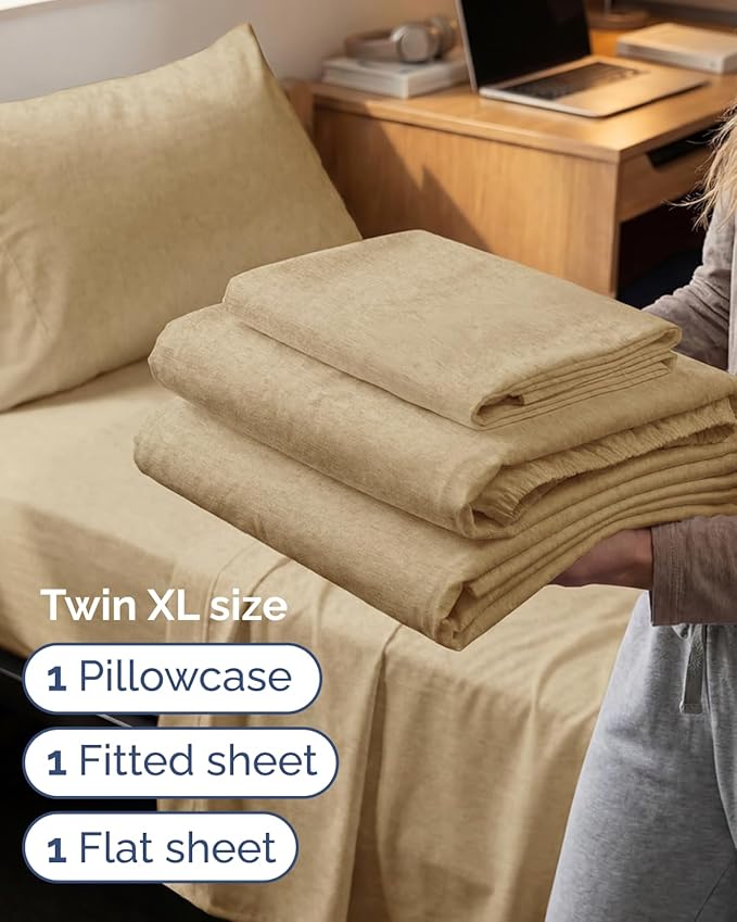Twin XL Size 3 Piece Sheet Set - Comfy Breathable & Cooling Sheets - Hotel Luxury Bed Sheets for Women & Men - Deep Pockets, Easy-Fit, Soft & Wrinkle Free Sheets - Heathered Tan Oeko-Tex Bed Sheet Set