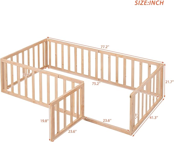Bellemave Twin Size Montessori Floor Bed with 21.7" High Rails, Pine,Plywood Floor Bed with Small Door, Natural