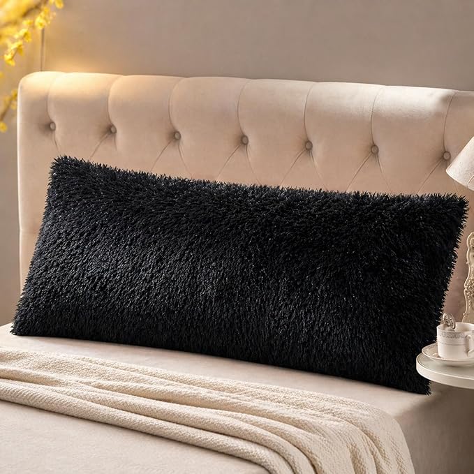 Reafort Luxury Faux Fur Body Pillow Cover 21" x 54", Long Hair PV Plush Body Pillow Case with Hidden Zipper Closure, Ultra Soft Fluffy Decorative Long Pillow Cover (Black, Body)