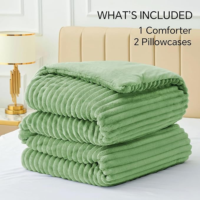 BEDELITE Fleece Twin Comforter Set -Super Soft & Warm Fluffy Green Bedding, Luxury Fuzzy Heavy Bed Set for Winter with 1 Pillow case