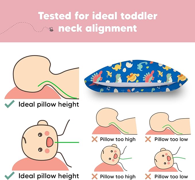 Toddler Pillow with Pillowcase - 13x18 My Little Dreamy Kids Travel Bed Pillows for Sleeping, Organic Cotton Small Pillowcase, Soft & Breathable, Machine Washable, Toddlers 2-5 years old (DinoWorld)