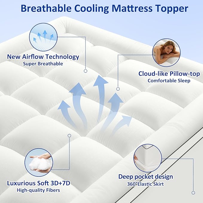 Queen Size Mattress Topper for Back Pain, Soft Extra Thick Pillow Top Mattress Pad Cover with 1000GSM Down Alternative Filler, Cooling Breathable Plush Bed Topper Protector (8-21" Deep Pocket)