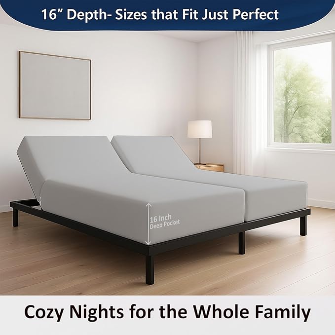 5 Piece Split Cal King Sheet Set, 100% Egyptian Cotton, 16 Inch Deep Pockets, Light Grey Solid, Soft Cooling Sheets for Adjustable Beds, Sleep Number Beds, Split Cal King Mattress Sheet Set