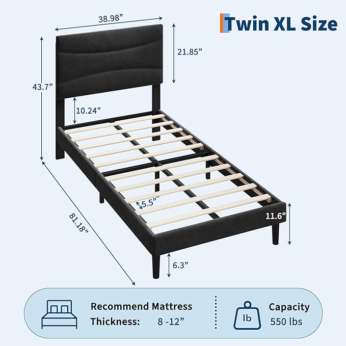 IDEALHOUSE Twin XL Upholstered Platform Bed Frame with Ergonomic Headboard, Beige Soft Fabric, Heavy Duty Wooden Slats, Noise-Free, 6.3" Underbed Storage, No Box Spring Needed, Easy Assembly