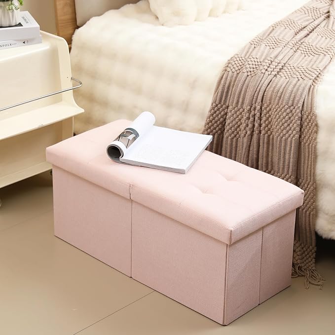 Storage Ottoman Bench Foldable Seat Footrest Shoe Bench End of Bed Storage with Flipping Lid, 75L Storage Space, 30 inches Linen Fabric Pink, OT026PK