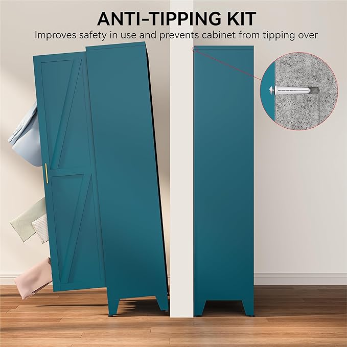 COFaR Peacock Blue Armoire Wardrobe, 71" Metal Closet with Reversible Hanging & Shelving Sections, Freestanding Storage Cabinet with Top Compartment & Adjustable Shelves