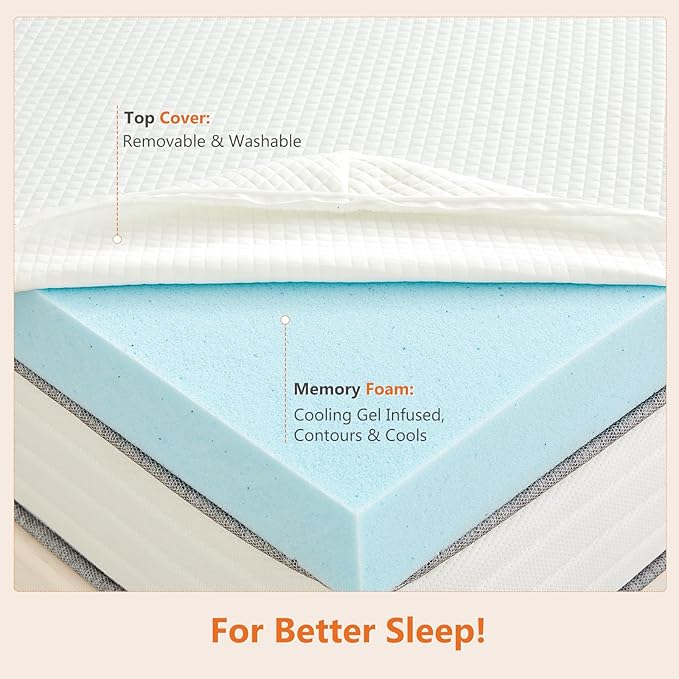 Sweetcrispy Mattress Topper Twin with Removable Soft Cover, Memory Foam 4 Inch Thick Gel Infused Cooling Toppers Pad for Twin Size Bed, Sleeper Sofa, RV, Camper, CertiPUR US Certified