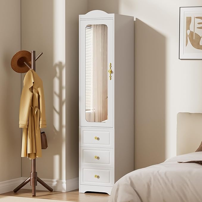 Armoire Wardrobe Closet, Updated White Bedroom Armoires Cabinet with Mirror Door and 3 Drawers, 15.7" W/69.5" H Clothing Storage Cabinet with Hanging Rod & Sensor Light for Bedroom-Left