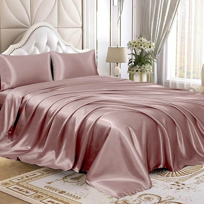 Homiest 4pcs Satin Sheets Set Luxury Silky Satin Bedding Set with Deep Pocket, 1 Fitted Sheet + 1 Flat Sheet + 2 Pillowcases (Full Size, Rose Gold)