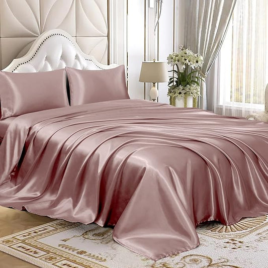 Homiest 3pcs Satin Sheets Set Luxury Silky Satin Bedding Set with Deep Pocket, 1 Fitted Sheet + 1 Flat Sheet + 1 Pillowcase (Twin Size, Rose Gold)